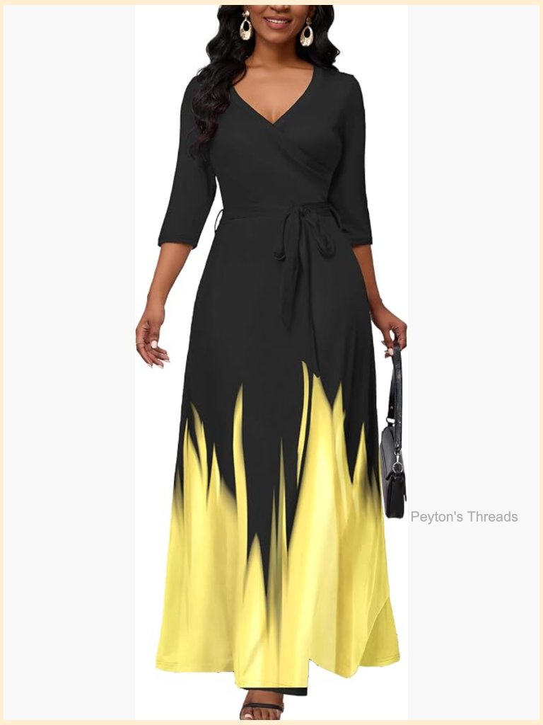 Gradient Maxi Dress V Neck 3/4 Sleeve With Belt Casual Long Sundress